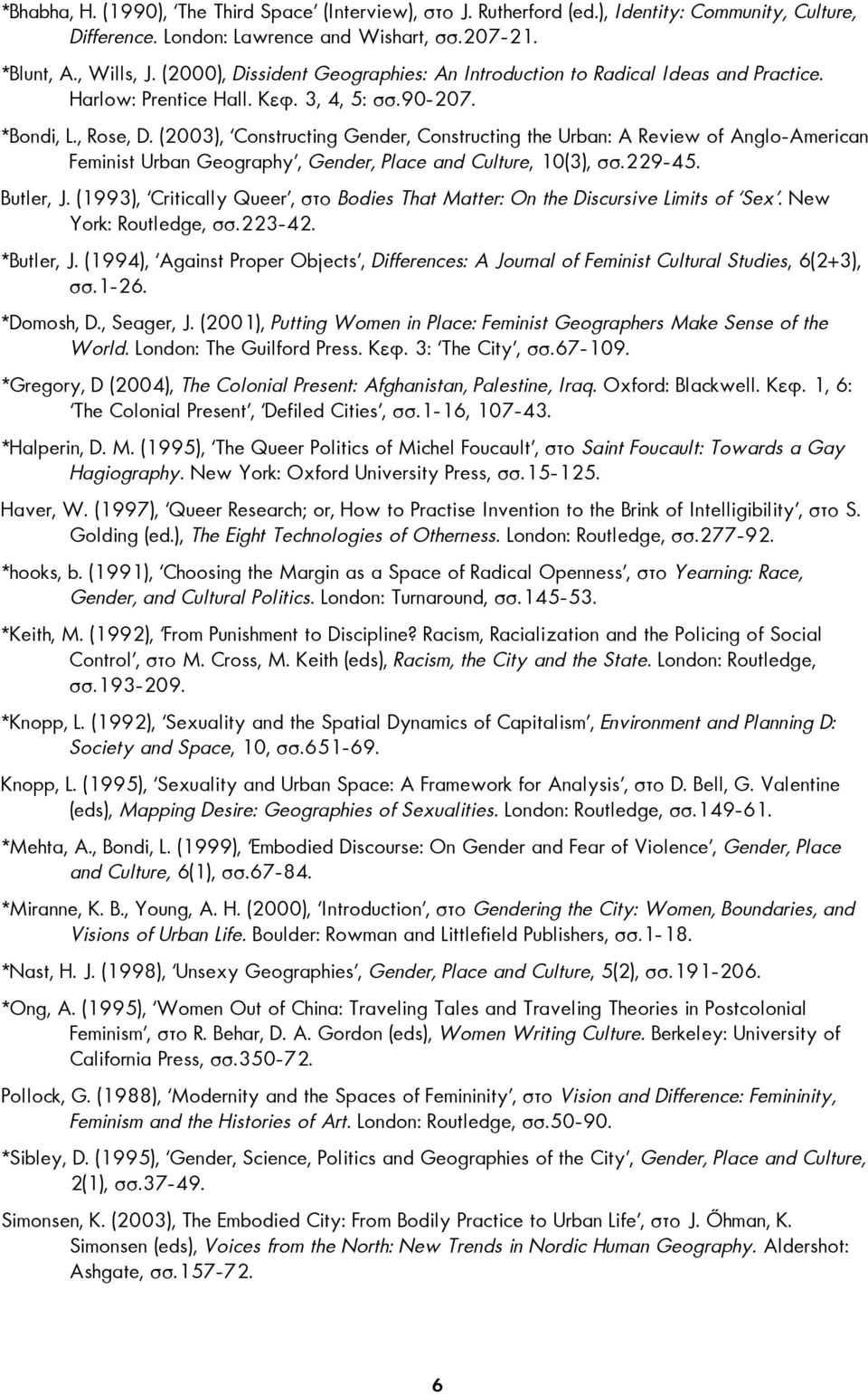 (2003), Constructing Gender, Constructing the Urban: A Review of Anglo-American Feminist Urban Geography, Gender, Place and Culture, 10(3), σσ.229-45. Butler, J.