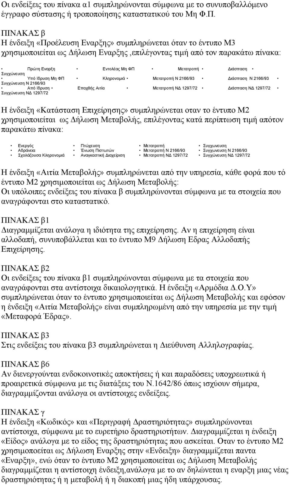 Συγχώνευση Υπό Ιδρυση Μη ΦΠ Κληρονοµιά Μετατροπή Ν 2166/93 ιάσπαση Ν 2166/93 Συγχώνευση Ν 2166/93 Από Ιδρυση Επαχθής Αιτία Μετατροπή Ν 1297/72 ιάσπαση Ν 1297/72 Συγχώνευση Ν 1297/72 Η ένδειξη