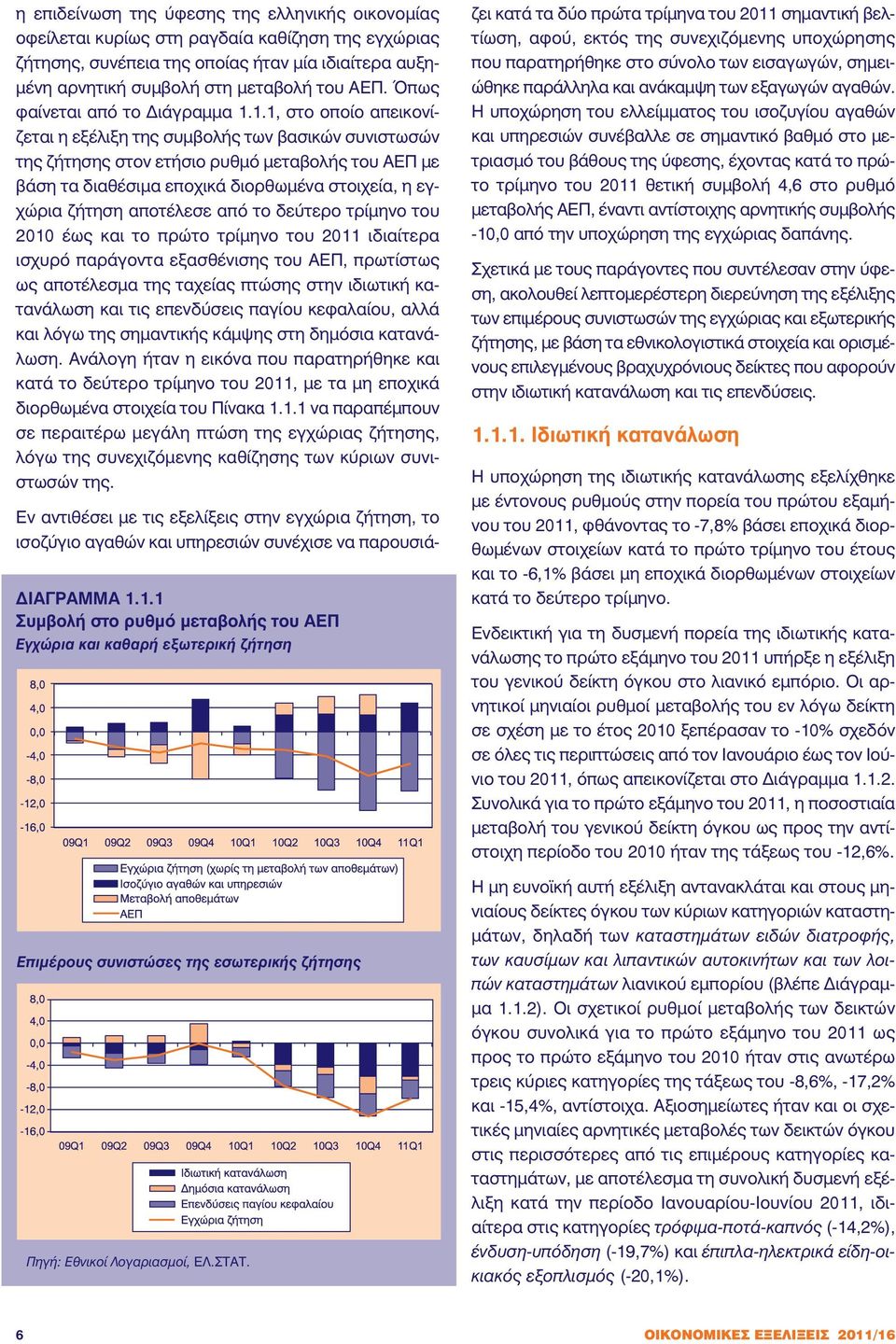 1.1, στο οποίο απεικονίζεται η εξέλιξη της συµβολής των βασικών συνιστωσών της ζήτησης στον ετήσιο ρυθµό µεταβολής του ΑΕΠ µε βάση τα διαθέσιµα εποχικά διορθωµένα στοιχεία, η εγχώρια ζήτηση αποτέλεσε