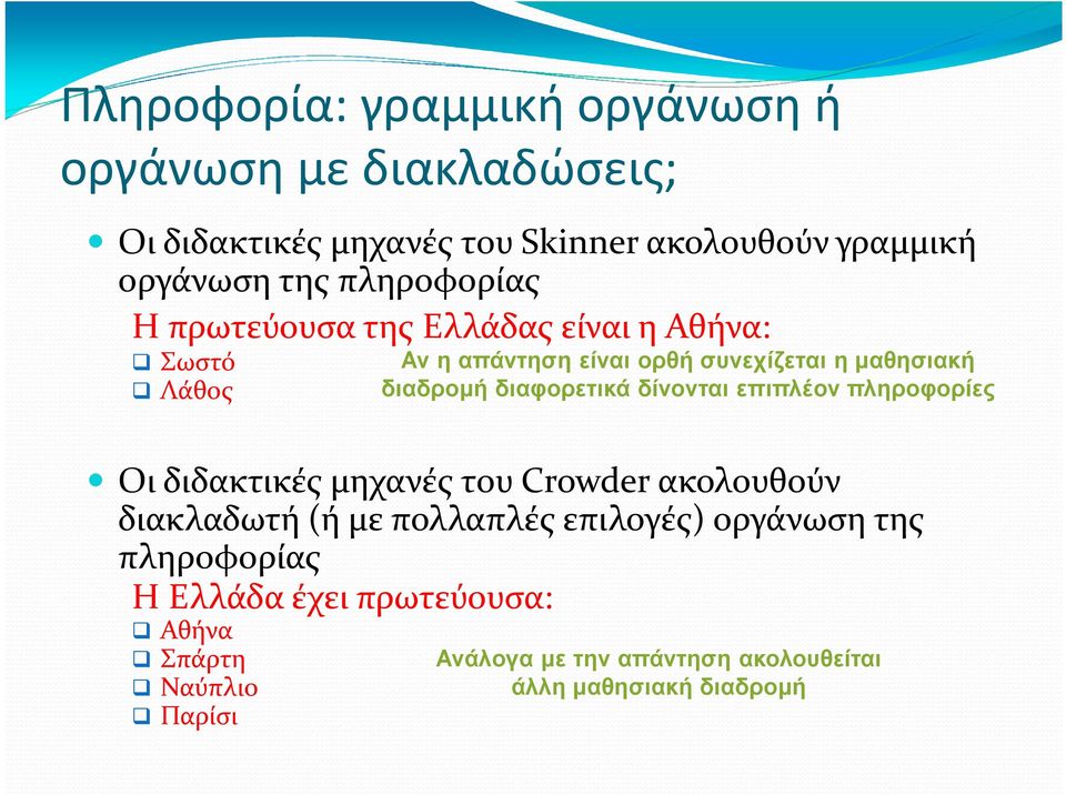 πολλαπλές επιλογές) οργάνωση της πληροφορίας Η Ελλάδα έχει πρωτεύουσα: Αθήνα Σπάρτη Ναύπλιο Παρίσι Αν η απάντηση είναι ορθή