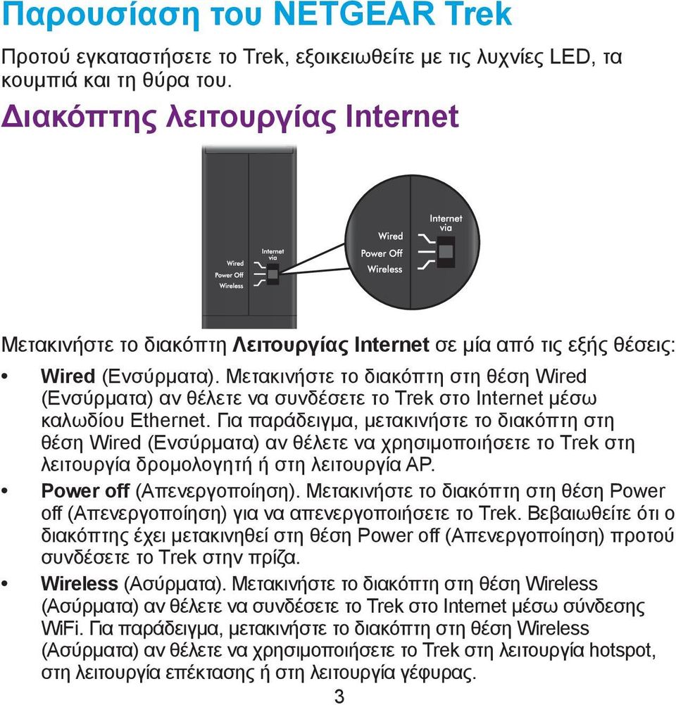 Μετακινήστε το διακόπτη στη θέση Wired (Ενσύρματα) αν θέλετε να συνδέσετε το Trek στο Internet μέσω καλωδίου Ethernet.