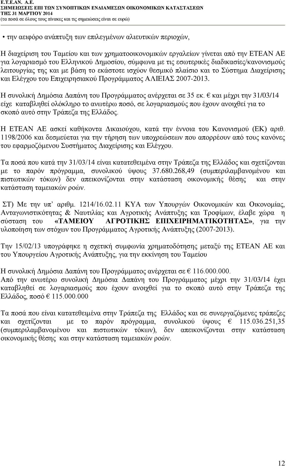 Η συνολική Δημόσια Δαπάνη του Προγράμματος ανέρχεται σε 35 εκ.