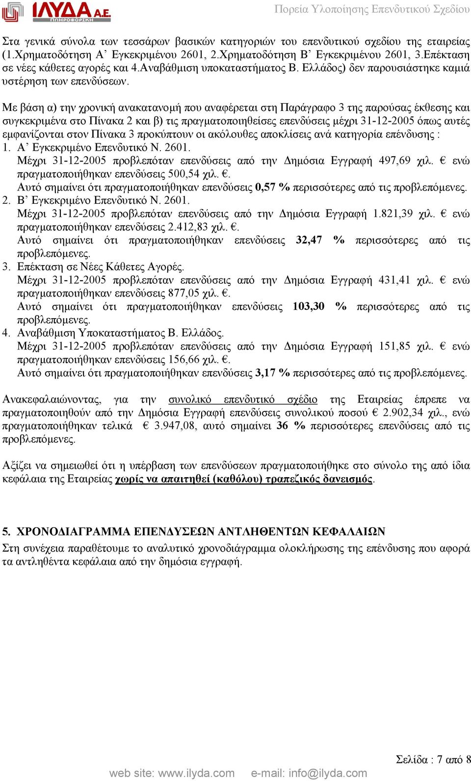 Με βάση α) την χρονική ανακατανοµή που αναφέρεται στη Παράγραφο 3 της παρούσας έκθεσης και συγκεκριµένα στο Πίνακα 2 και β) τις πραγµατοποιηθείσες επενδύσεις µέχρι 31-12-2005 όπως αυτές εµφανίζονται