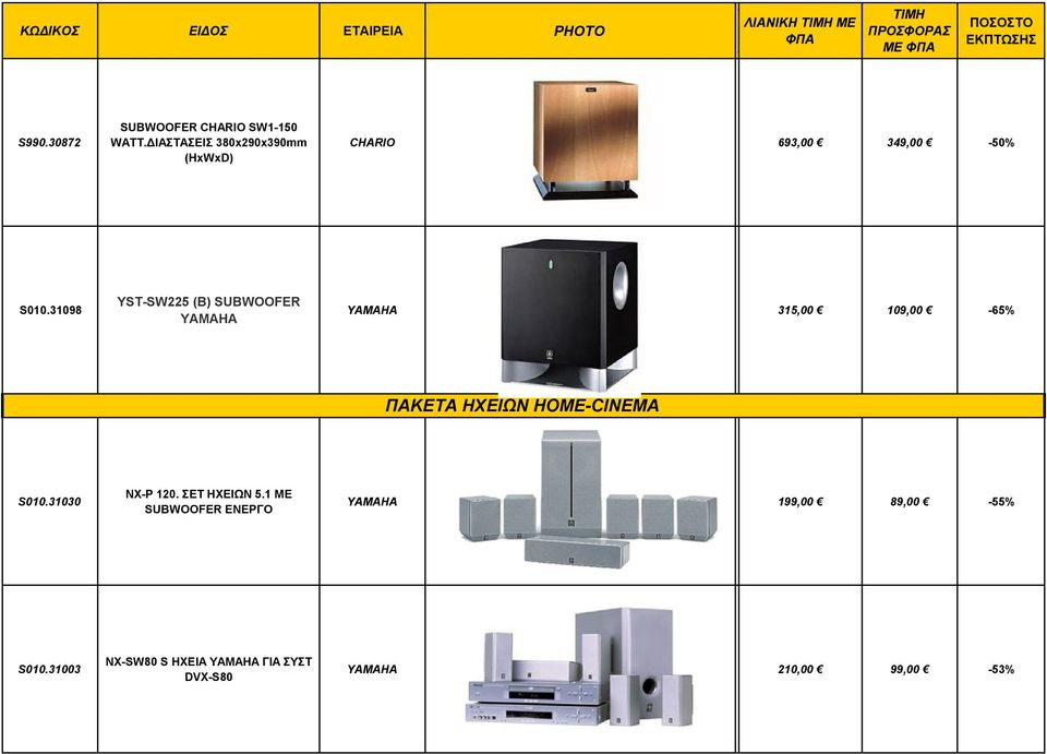 31098 YST-SW225 (B) SUBWOOFER YAMAHA YAMAHA 315,00 109,00-65% ΠΑΚEΑ ΗΕΙΩΝ HOME-CINEMA