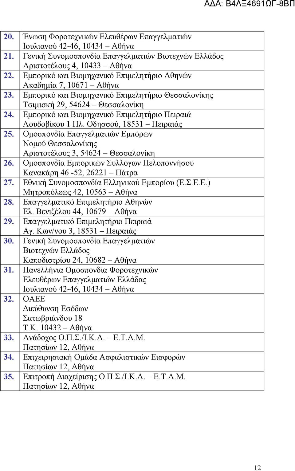 Εμπορικό και Βιομηχανικό Επιμελητήριο Πειραιά Λουδοβίκου 1 Πλ. Οδησσού, 18531 Πειραιάς 25. Ομοσπονδία Επαγγελματιών Εμπόρων Νομού Θεσσαλονίκης Αριστοτέλους 3, 54624 Θεσσαλονίκη 26.