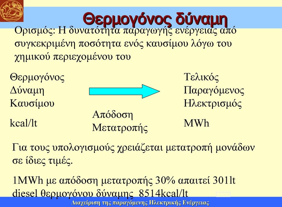 Ηλεκτρισμός MWh Για τους υπολογισμούς χρειάζεται μετατροπή μονάδων σε ίδιες τιμές.