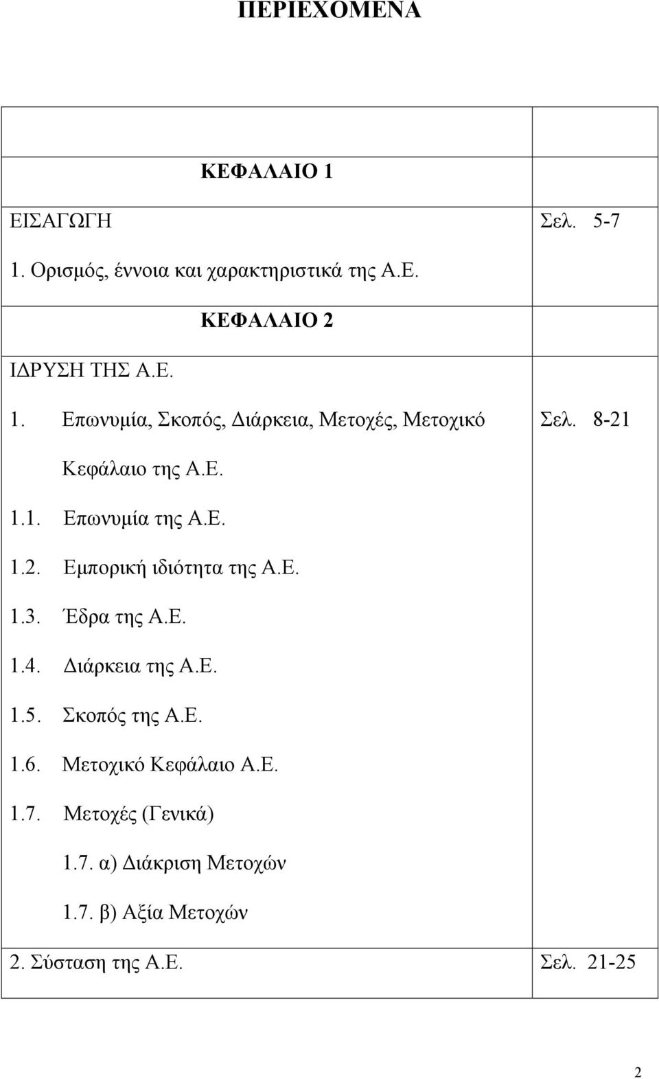 Ε. 1.3. Έδρα της Α.Ε. 1.4. ιάρκεια της Α.Ε. 1.5. Σκοπός της Α.Ε. 1.6. Μετοχικό Κεφάλαιο Α.Ε. 1.7.
