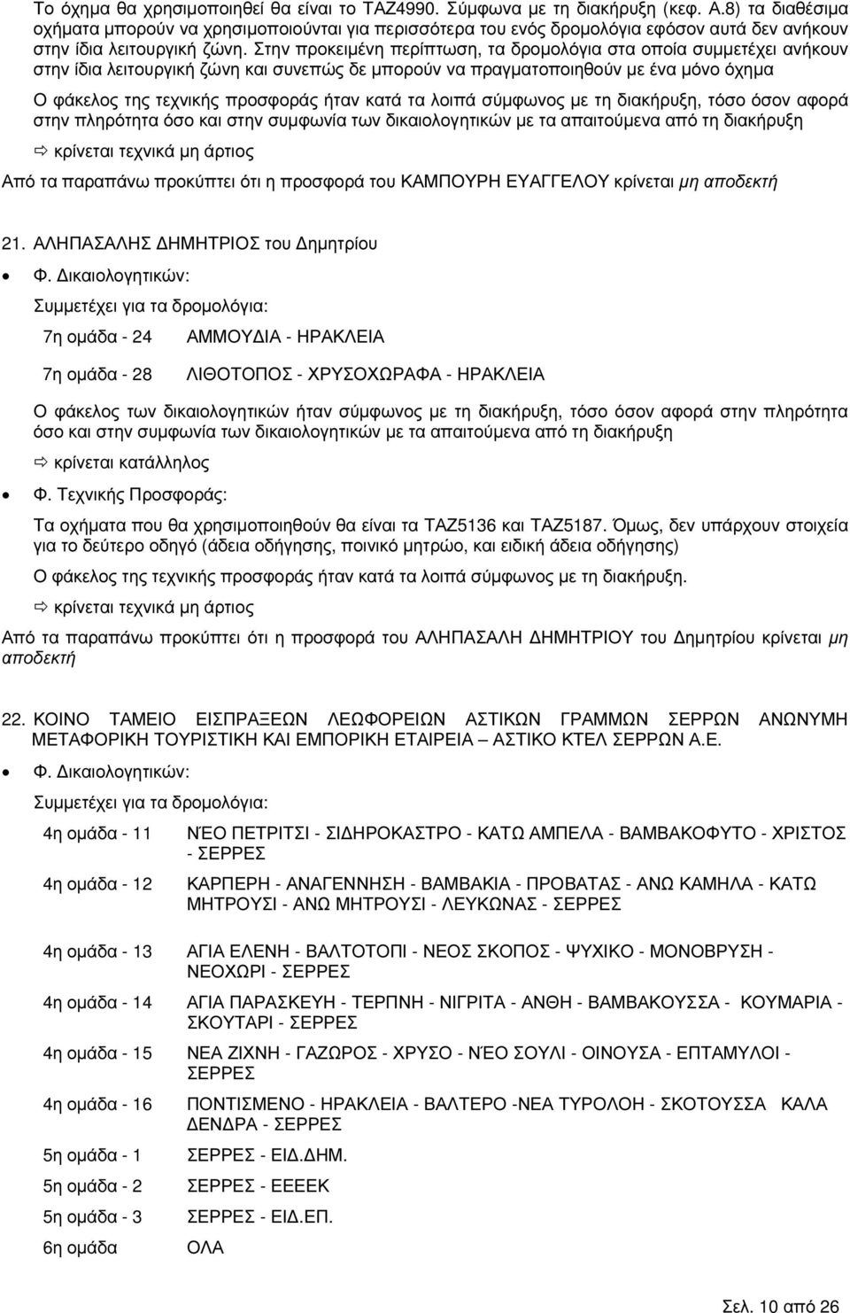 Στην προκειµένη περίπτωση, τα δροµολόγια στα οποία συµµετέχει ανήκουν στην ίδια λειτουργική ζώνη και συνεπώς δε µπορούν να πραγµατοποιηθούν µε ένα µόνο όχηµα Ο φάκελος της τεχνικής προσφοράς ήταν