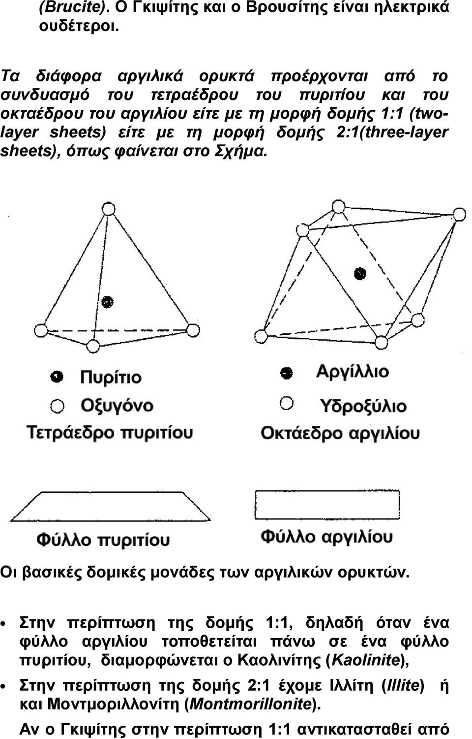 sheets) είτε με τη μορφή δομής 2:1(three-layer sheets), όπως φαίνεται στο Σχήμα. Οι βασικές δομικές μονάδες των αργιλικών ορυκτών.