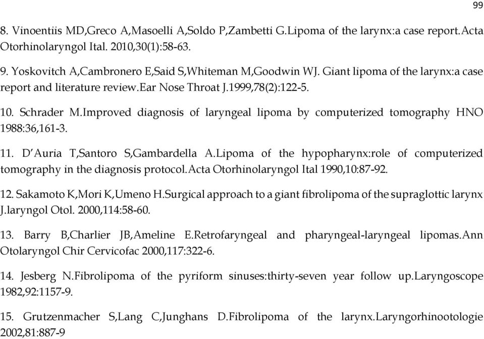 11. D Auria T,Santoro S,Gambardella A.Lipoma of the hypopharynx:role of computerized tomography in the diagnosis protocol.acta Otorhinolaryngol Ital 1990,10:87-92. 12. Sakamoto K,Mori K,Umeno H.
