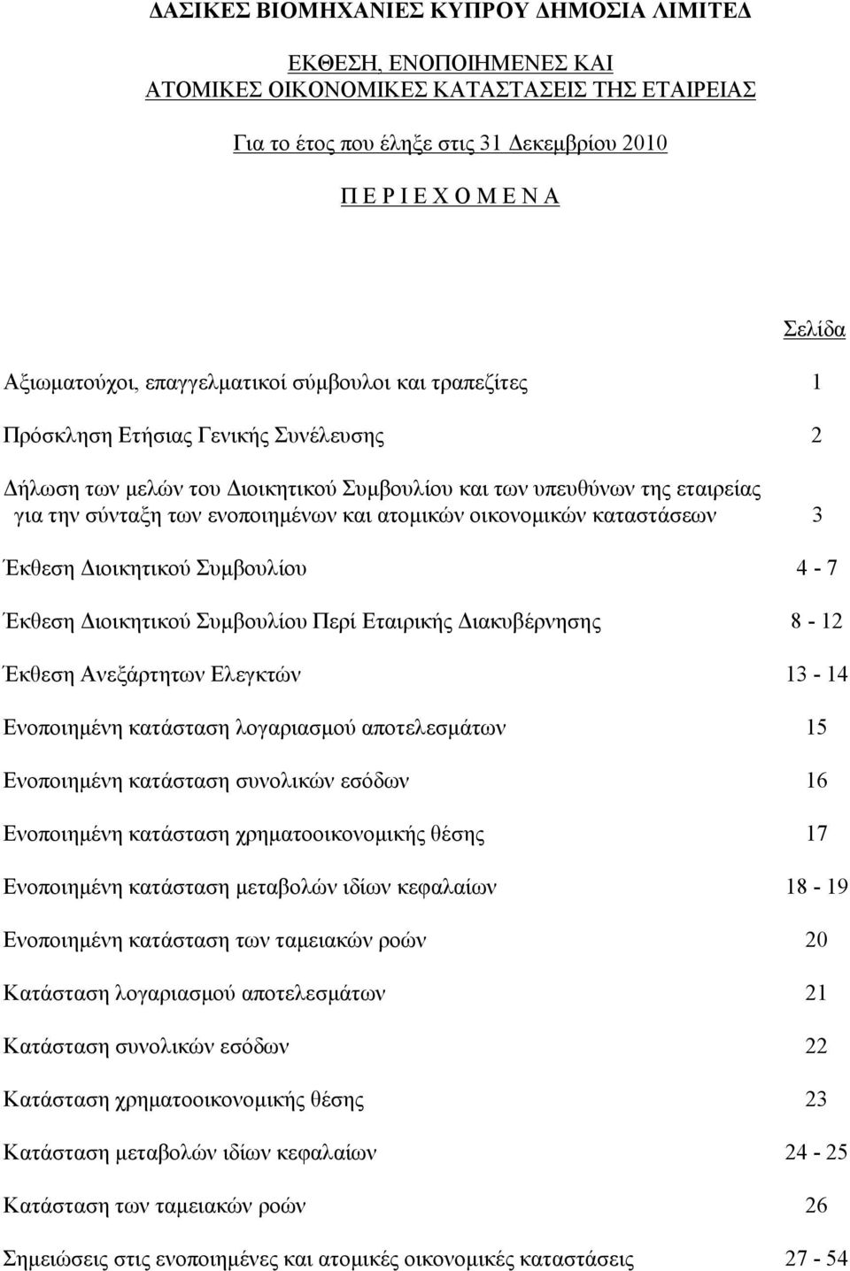 Διοικητικού Συμβουλίου Περί Εταιρικής Διακυβέρνησης 8-12 Έκθεση Ανεξάρτητων Ελεγκτών 13-14 Ενοποιημένη κατάσταση λογαριασμού αποτελεσμάτων 15 Ενοποιημένη κατάσταση συνολικών εσόδων 16 Ενοποιημένη