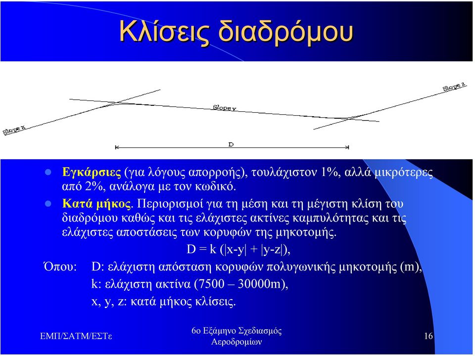 Περιορισµοί για τη µέση και τη µέγιστη κλίση του διαδρόµου καθώς και τις ελάχιστες ακτίνες καµπυλότητας και