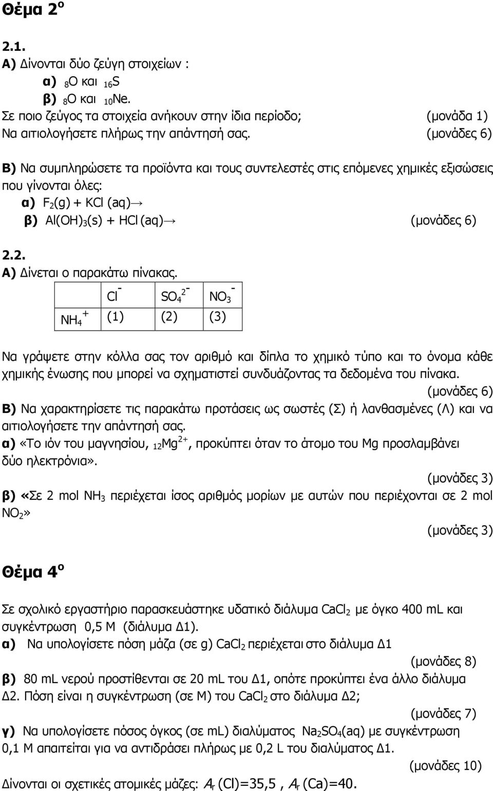 Cl - SO 4 2- NO 3 - NH 4 + (1) (2) (3) Να γράψετε στην κόλλα σας τον αριθµό και δίπλα το χηµικό τύπο και το όνοµα κάθε χηµικής ένωσης που µπορεί να σχηµατιστεί συνδυάζοντας τα δεδοµένα του πίνακα.