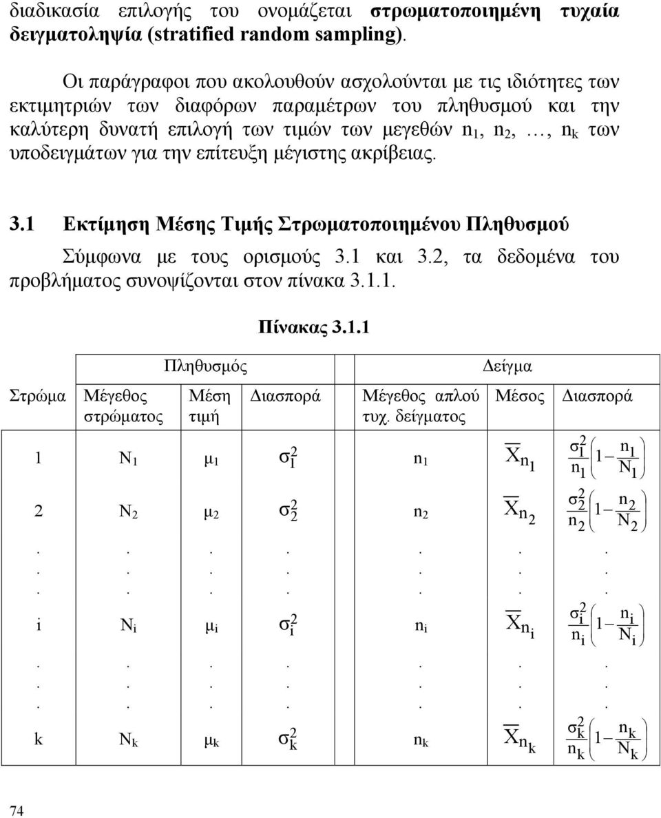 επίτευξη μέγιστης ακρίβειας 3 Εκτίμηση Μέσης Τιμής Στρωματοποιημένου Πληθυσμού Σύμφωνα με τους ορισμούς 3 και 3, τα δεδομένα του προβλήματος συνοψίζονται