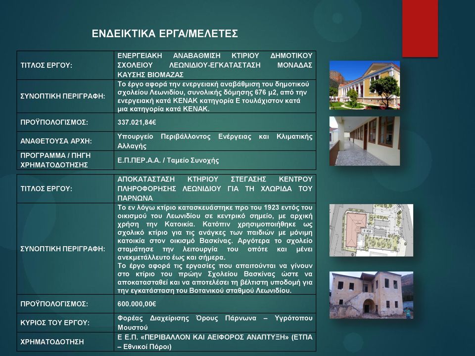 μ2, από την ενεργειακή κατά ΚΕΝΑΚ κατηγορία Ε τουλάχιστον κατά μια κατηγορία κατά ΚΕΝΑΚ. ΑΝΑΘΕΤΟΥΣΑ ΑΡΧΗ: ΠΡΟΓΡΑΜΜΑ / ΠΗΓΗ ΧΡΗΜΑΤΟΔΟΤΗΣΗΣ Υπουργείο Περιβάλλοντος Ενέργειας και Κλιματικής Αλλαγής Ε.Π.ΠΕΡ.