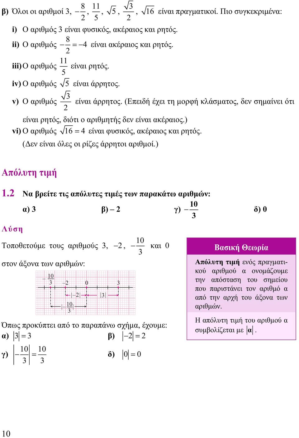 ) vi) Ο αριθμός 6 = 4 είναι φυσικός, ακέραιος και ρητός. (Δεν είναι όλες οι ρίζες άρρητοι αριθμοί.) Απόλυτη τιμή.