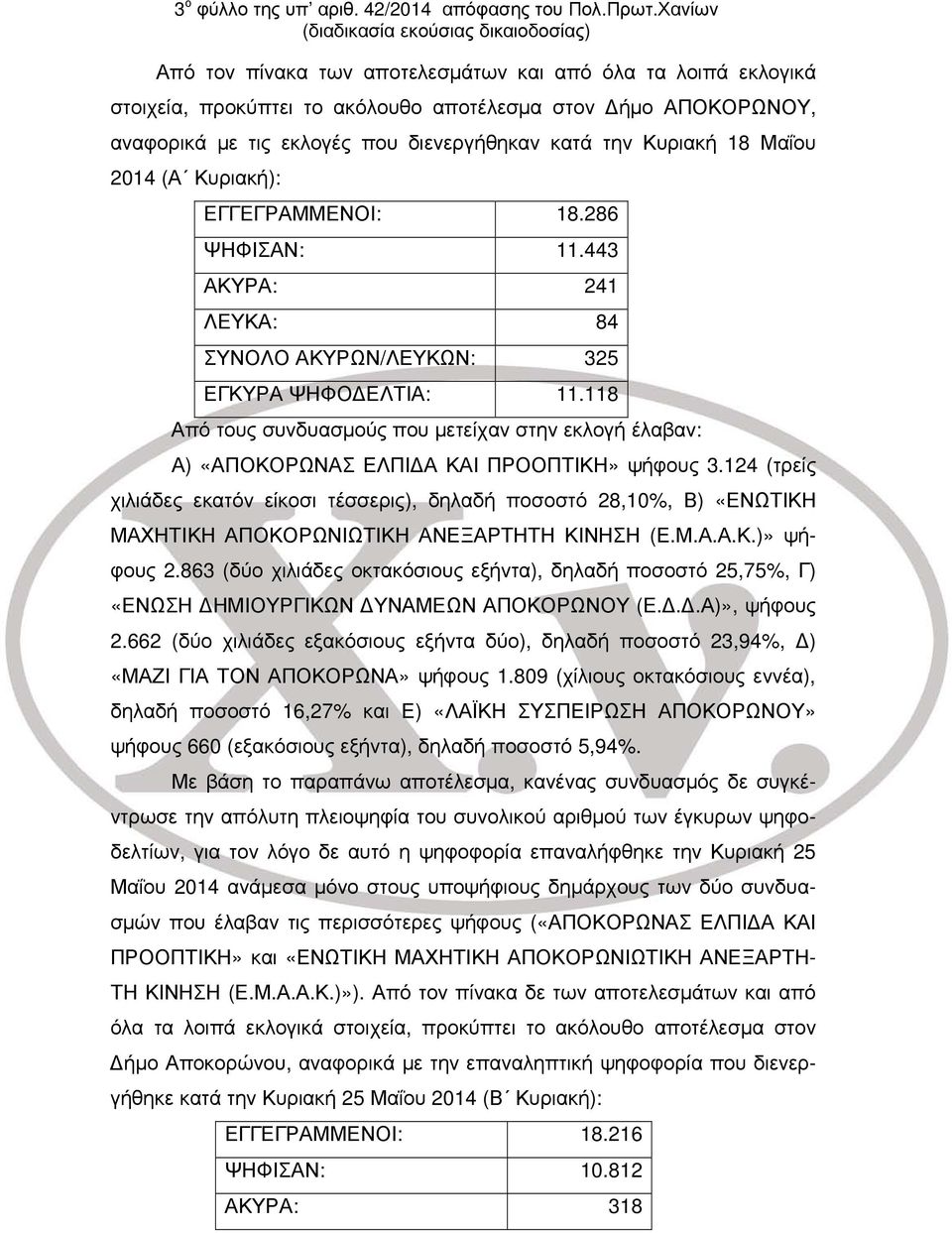 διενεργήθηκαν κατά την Κυριακή 18 Μαΐου 2014 (Α Κυριακή): ΕΓΓΕΓΡΑΜΜΕΝΟΙ: 18.286 ΨΗΦΙΣΑΝ: 11.443 ΑΚΥΡΑ: 241 ΛΕΥΚΑ: 84 ΣΥΝΟΛΟ ΑΚΥΡΩΝ/ΛΕΥΚΩΝ: 325 ΕΓΚΥΡΑ ΨΗΦΟΔΕΛΤΙΑ: 11.