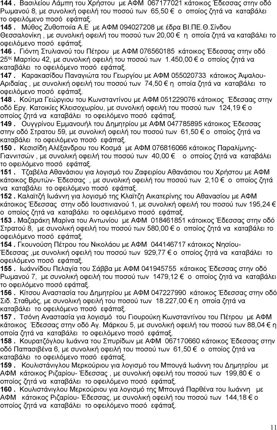 Γιόντη Στυλιανού του Πέτρου με ΑΦΜ 076560185 κάτοικος Έδεσσας στην οδό 25 ης Μαρτίου 42, με συνολική οφειλή του ποσού των 1.450,00 ο οποίος ζητά να 147.