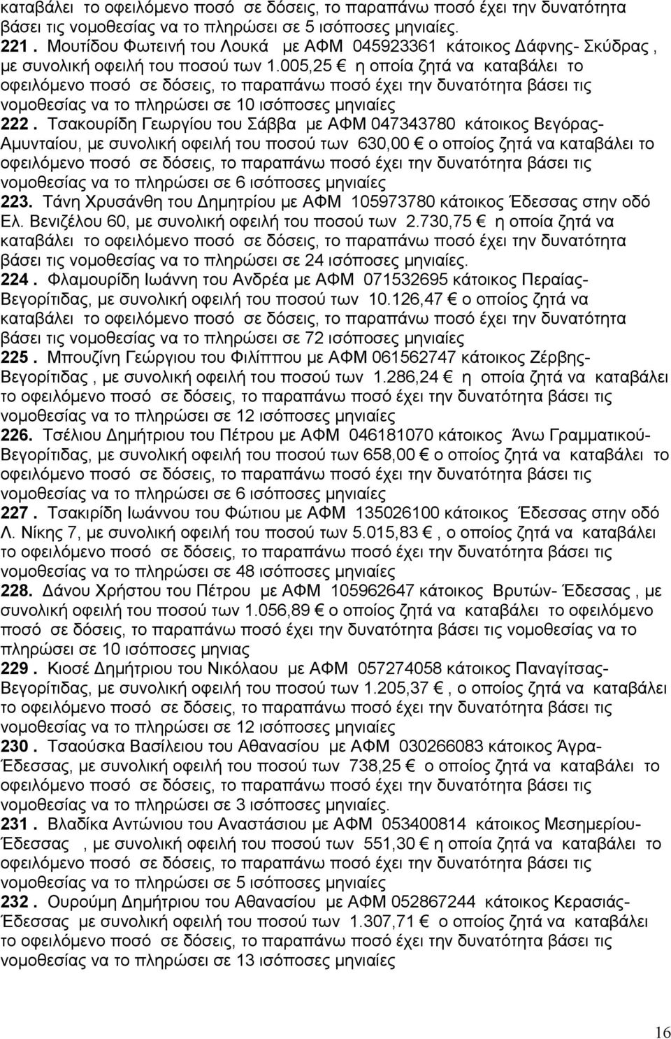 Τσακουρίδη Γεωργίου του Σάββα με ΑΦΜ 047343780 κάτοικος Βεγόρας- Αμυνταίου, με συνολική οφειλή του ποσού των 630,00 ο οποίος ζητά να καταβάλει το νομοθεσίας να το πληρώσει σε 6 ισόποσες μηνιαίες 223.