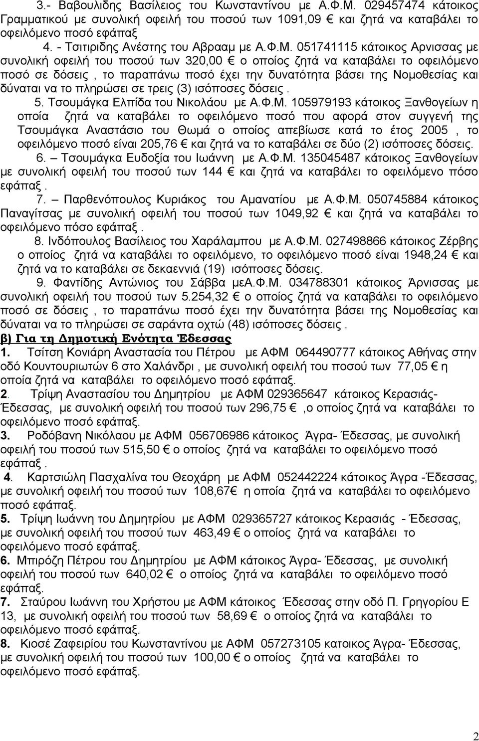051741115 κάτοικος Αρνισσας με συνολική οφειλή του ποσού των 320,00 ο οποίος ζητά να καταβάλει το οφειλόμενο ποσό σε δόσεις, το παραπάνω ποσό έχει την δυνατότητα βάσει της Νομοθεσίας και δύναται να