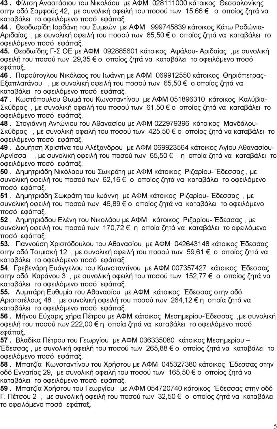 Θεοδωίδης Γ-Σ ΟΕ με ΑΦΜ 092885601 κάτοικος Αψάλου- Αριδαίας,με συνολική οφειλή του ποσού των 29,35 ο οποίος ζητά να καταβάλει το οφειλόμενο ποσό εφάπαξ. 46.