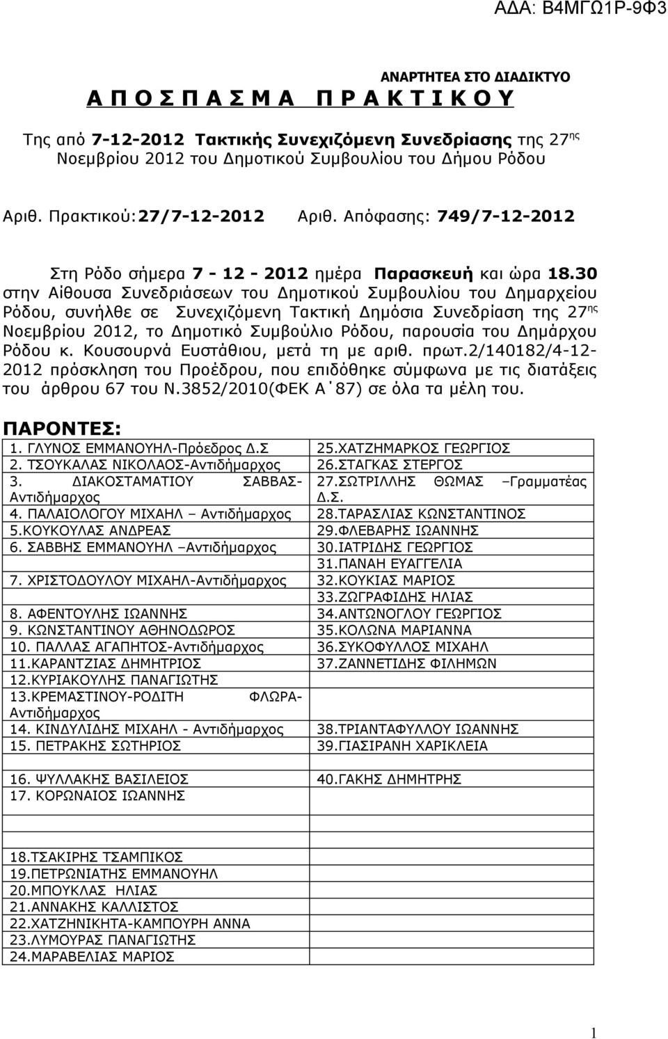 30 στην Αίθουσα Συνεδριάσεων του Δημοτικού Συμβουλίου του Δημαρχείου Ρόδου, συνήλθε σε Συνεχιζόμενη Τακτική Δημόσια Συνεδρίαση της 27 ης Νοεμβρίου 2012, το Δημοτικό Συμβούλιο Ρόδου, παρουσία του