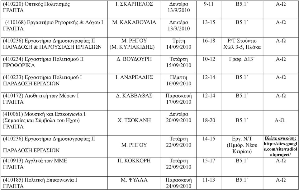 ΚΥΡΙΑΚΙΔΗΣ) 14/09/2010 16-18 Ρ/Τ Στούντιο Χίλλ 3-5, Πλάκα (410234) Εργαστήριο Πολιτισµού ΙΙ (410233) Εργαστήριο Πολιτισµού Ι (410172) Αισθητική των Μέσων Ι Δ. ΒΟΥΔΟΥΡΗ Τετάρτη 15/09/2010 Ι.