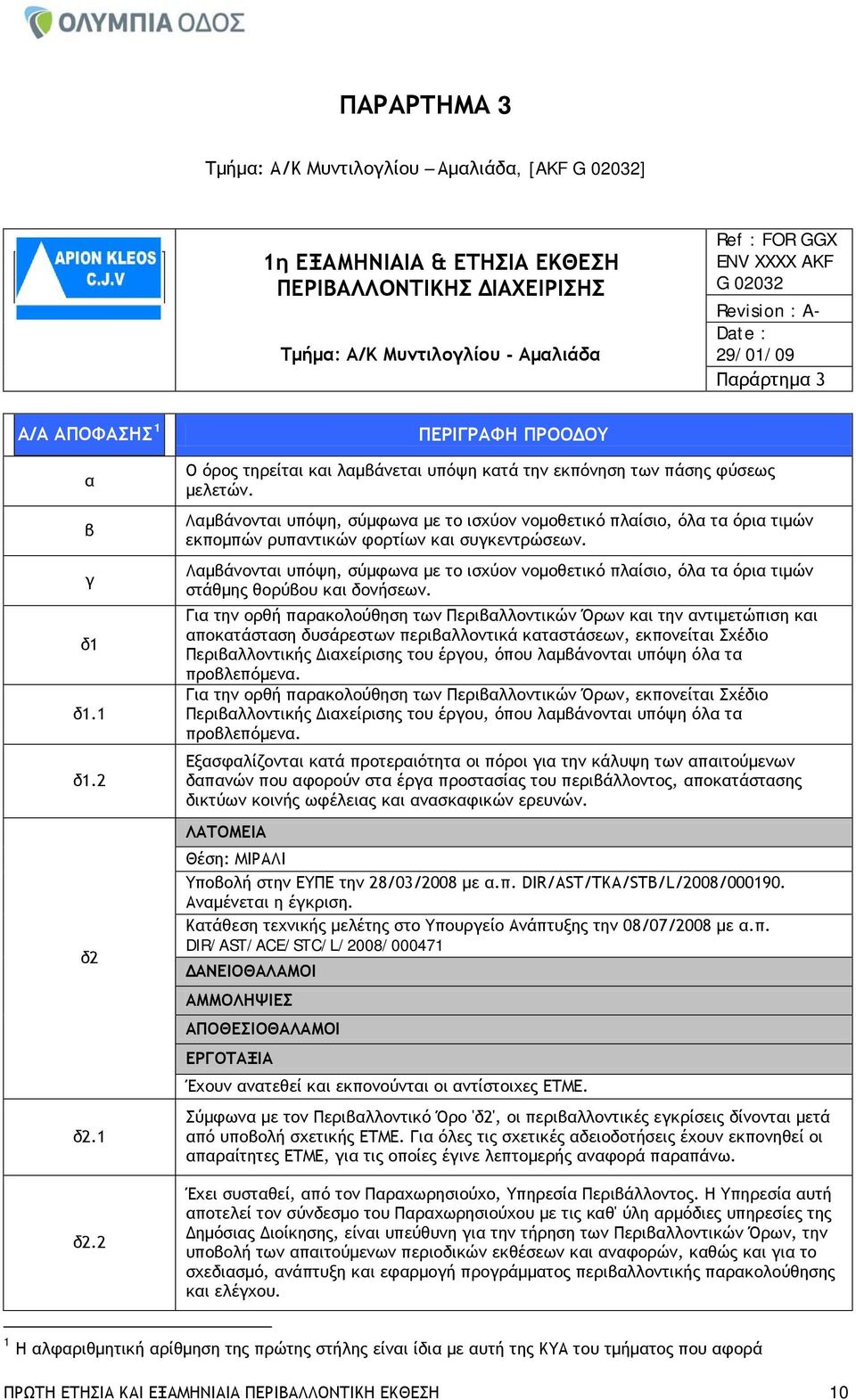 2 ΠΕΡΙΓΡΑΦΗ ΠΡΟΟΔΟΥ Λαμβάνονται υπόψη, σύμφωνα με το ισχύον νομοθετικό πλαίσιο, όλα τα όρια τιμών εκπομπών ρυπαντικών φορτίων και συγκεντρώσεων.