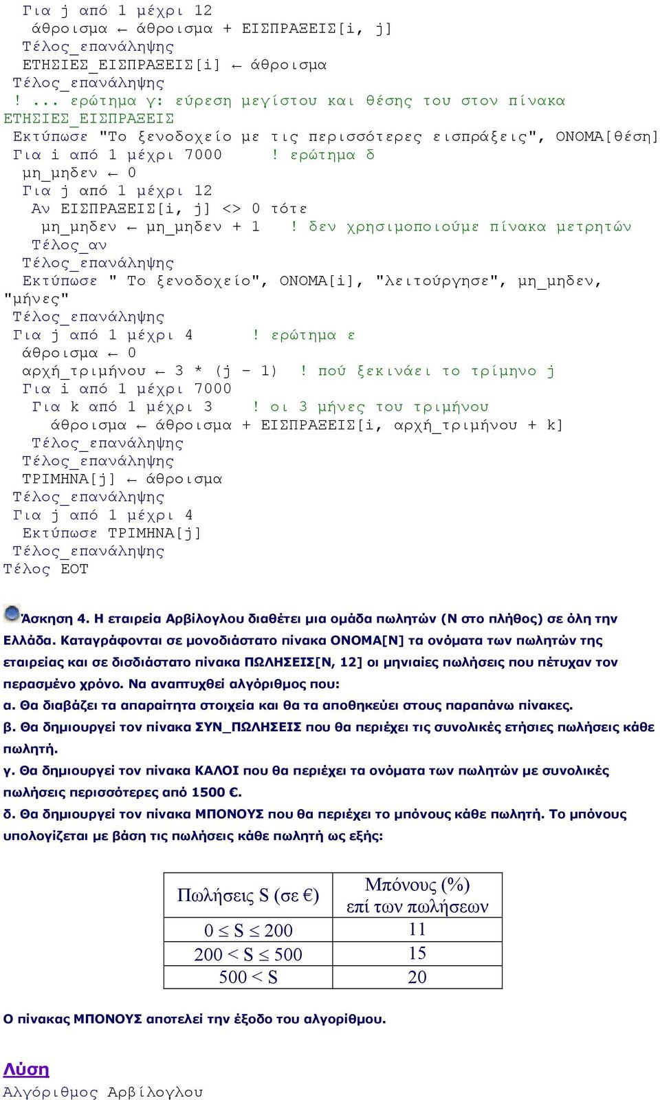 ερώτημα δ μη_μηδεν 0 Για j από 1 μέχρι 12 Αν ΕΙΣΠΡΑΞΕΙΣ[i, j] <> 0 τότε μη_μηδεν μη_μηδεν + 1!