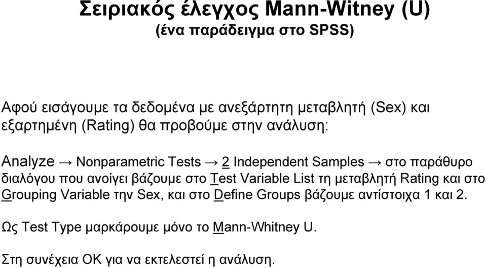 διαλόγου που ανοίγει βάζουμε στο Test Variable List τη μεταβλητή Rating και στο Grouping Variable την Sex, και στο