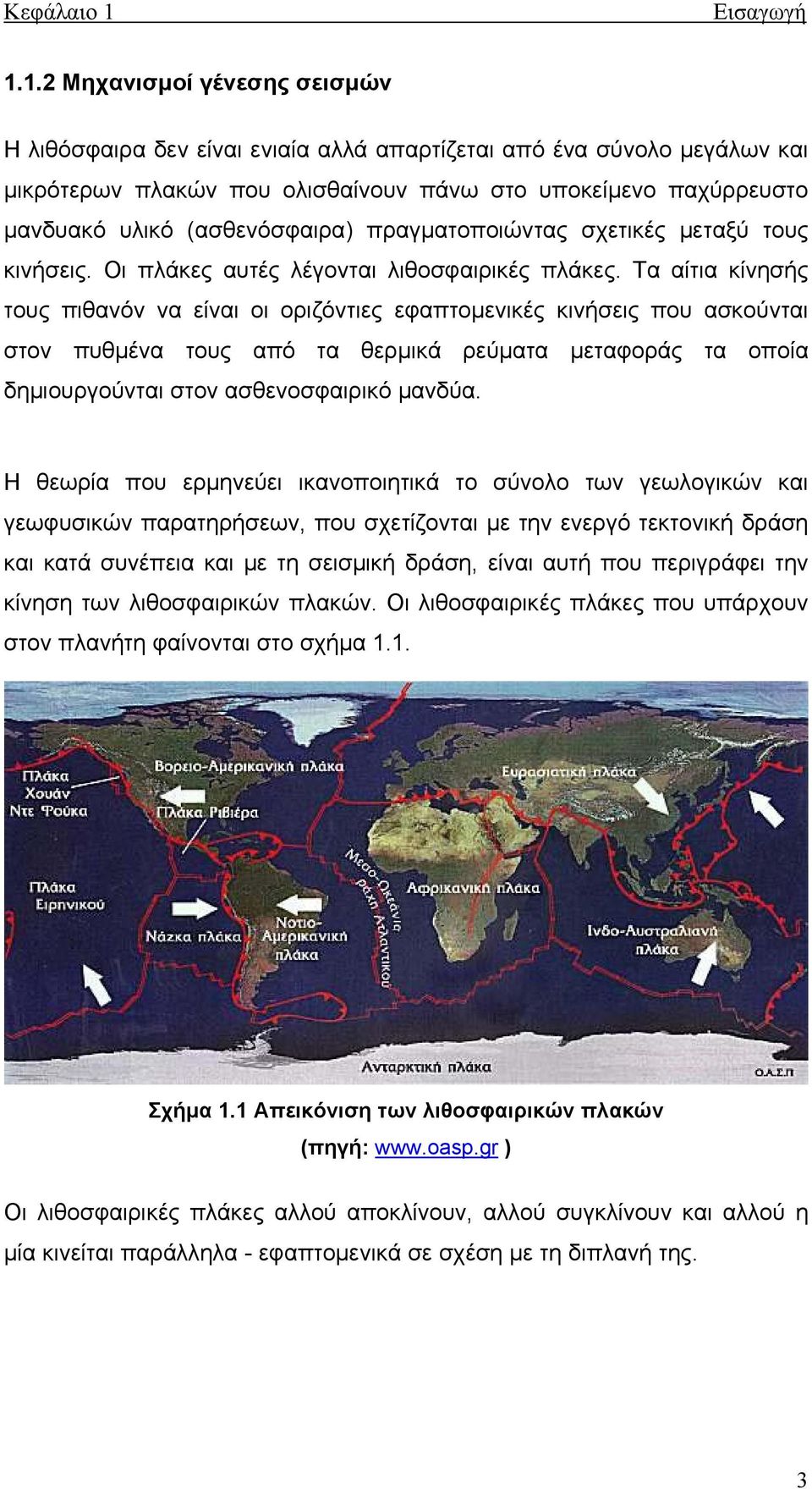 1.2 Μηχανισμοί γένεσης σεισμών Η λιθόσφαιρα δεν είναι ενιαία αλλά απαρτίζεται από ένα σύνολο μεγάλων και μικρότερων πλακών που ολισθαίνουν πάνω στο υποκείμενο παχύρρευστο μανδυακό υλικό