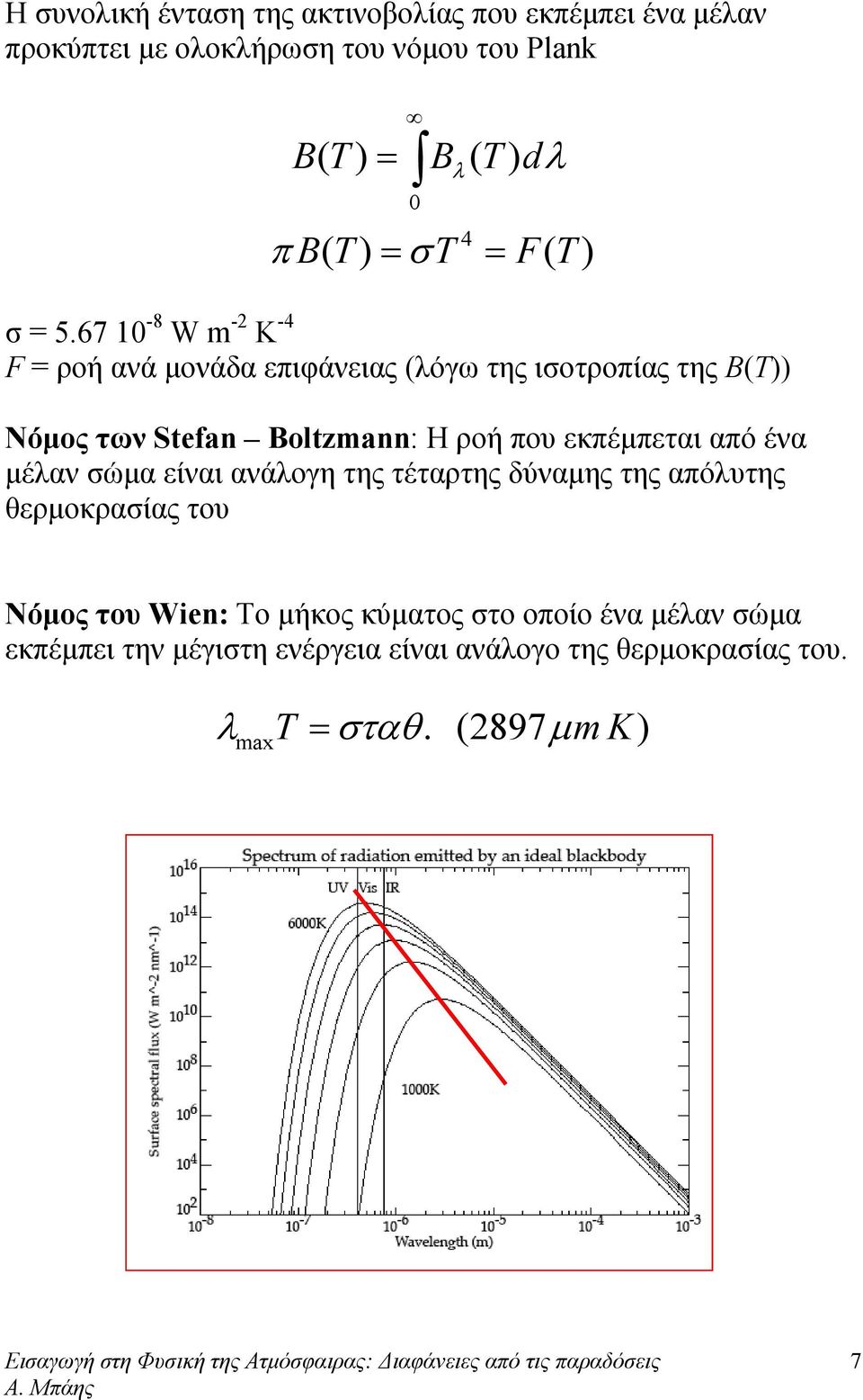 67 10-8 W m -2 K -4 F = ροή ανά μονάδα επιφάνειας (όγω της ισοτροπίας της Β(Τ)) Νόμος των Stefan Boltzmann: Η ροή που