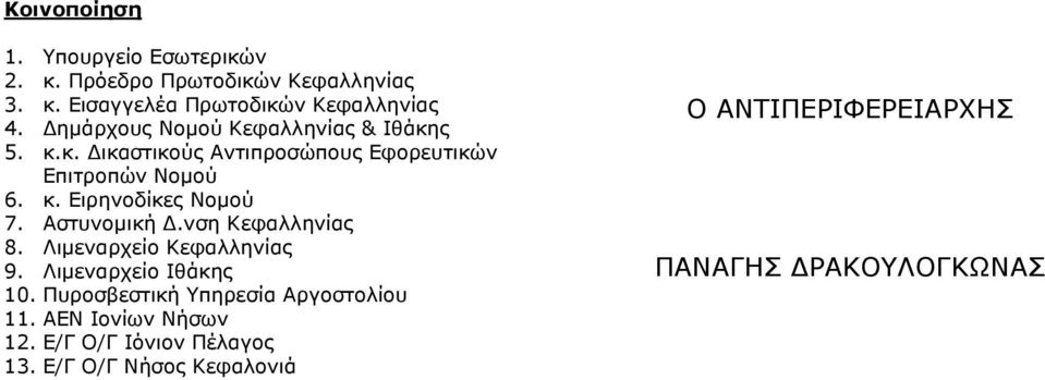 Αστυνοµική.νση Κεφαλληνίας 8. Λιµεναρχείο Κεφαλληνίας 9. Λιµεναρχείο Ιθάκης 10. Πυροσβεστική Υπηρεσία Αργοστολίου 11.