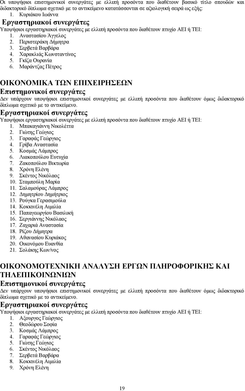 Γιώτης Γεώγιος 3. Γαραφάς Γεώργιος 4. Γρίβα Αναστασία 5. Κοσμάς Λάμπρος 6. Λιακοπούλου Ευτυχία 7. Ζακοπούλου Βικτωρία 8. Χρόνη Ελένη 9. Σκέντος Νικόλαος 10. Σταμπούλη Μαρία 11. Σαλαμούρας Λάμπρος 12.