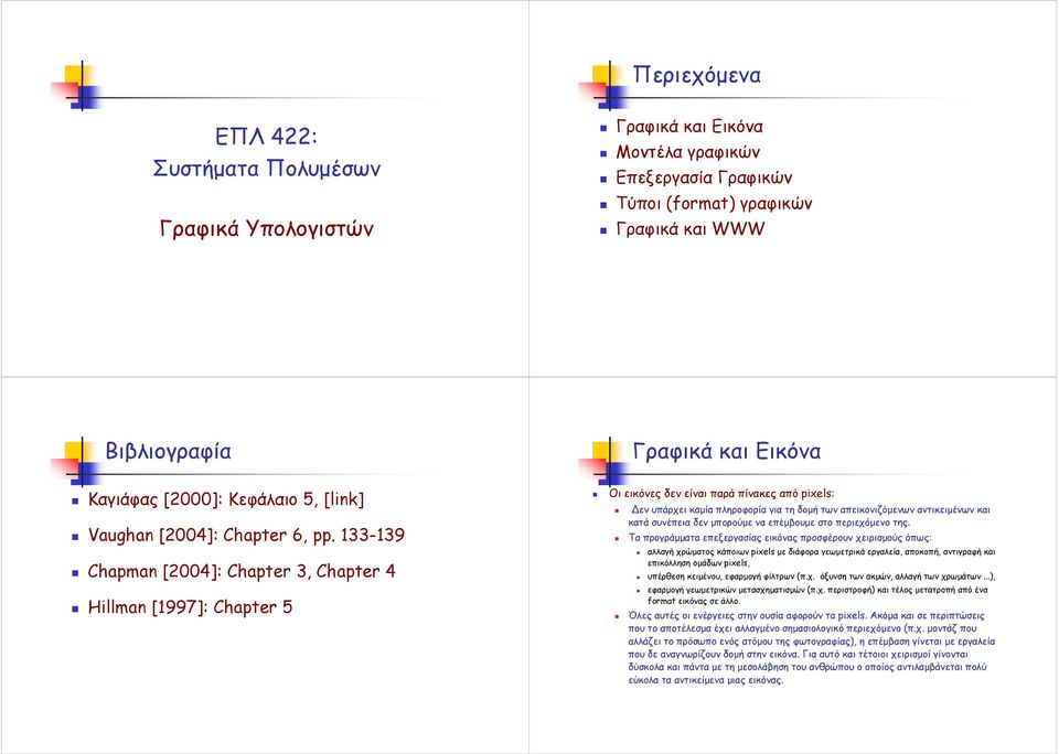 133-139 Chapman [2004]: Chapter 3, Chapter 4 Hillman [1997]: Chapter 5 Γραφικά και Εικόνα Οι εικόνες δεν είναι παρά πίνακες από pixels: εν υπάρχει καµία πληροφορία για τη δοµή των απεικονιζόµενων