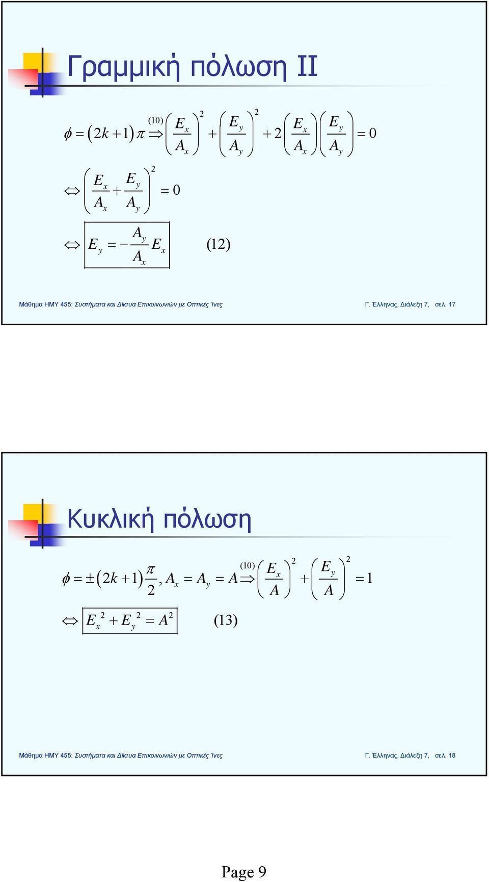 17 Κυκλική πόλωση (10) π E E φ =± ( k+ 1 ), = = 1 +