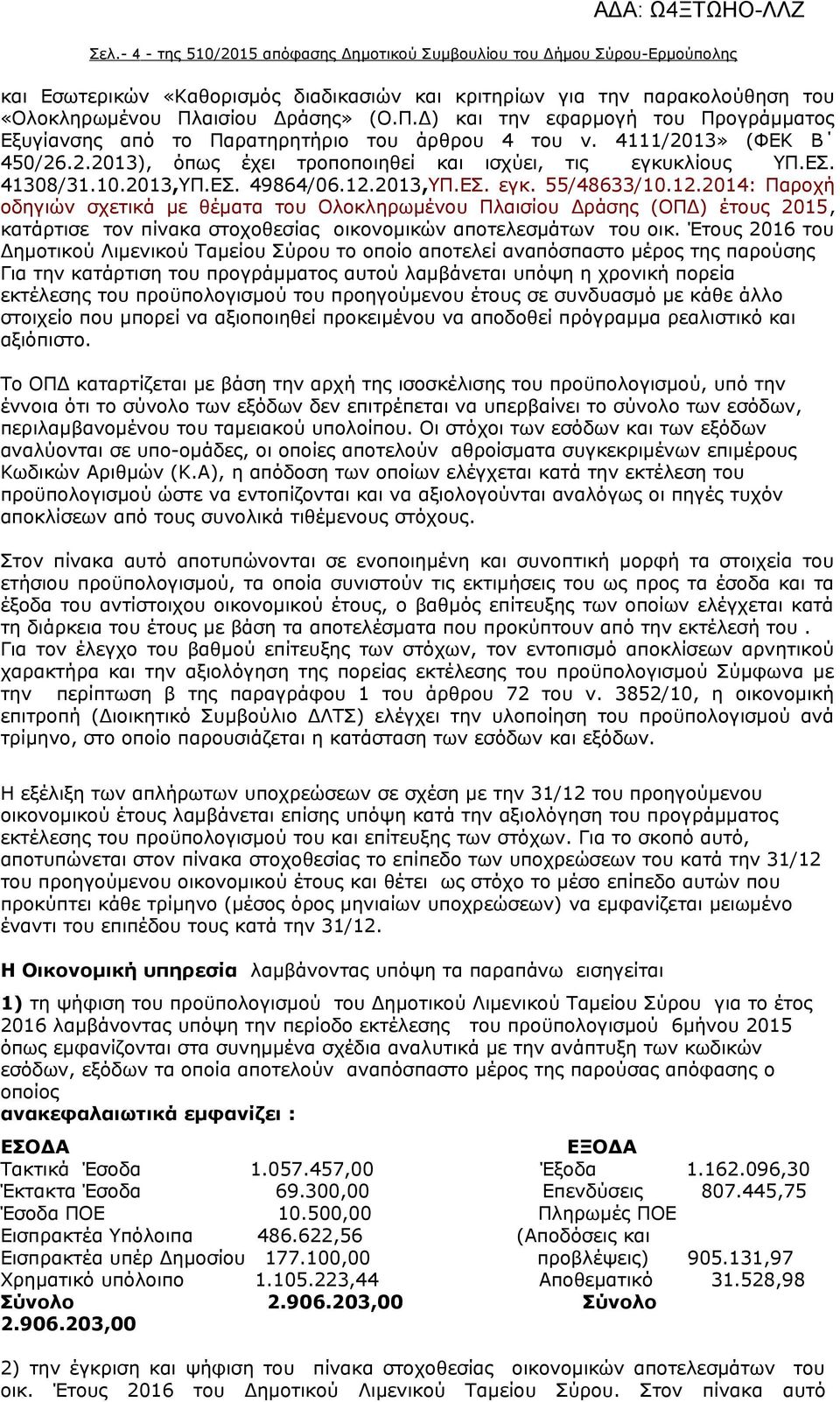 41308/31.10.2013,ΥΠ.ΕΣ. 49864/06.12.2013,ΥΠ.ΕΣ. εγκ. 55/48633/10.12.2014: Παροχή οδηγιών σχετικά με θέματα του Ολοκληρωμένου Πλαισίου Δράσης (ΟΠΔ) έτους 2015, κατάρτισε τον πίνακα στοχοθεσίας οικονομικών αποτελεσμάτων του οικ.