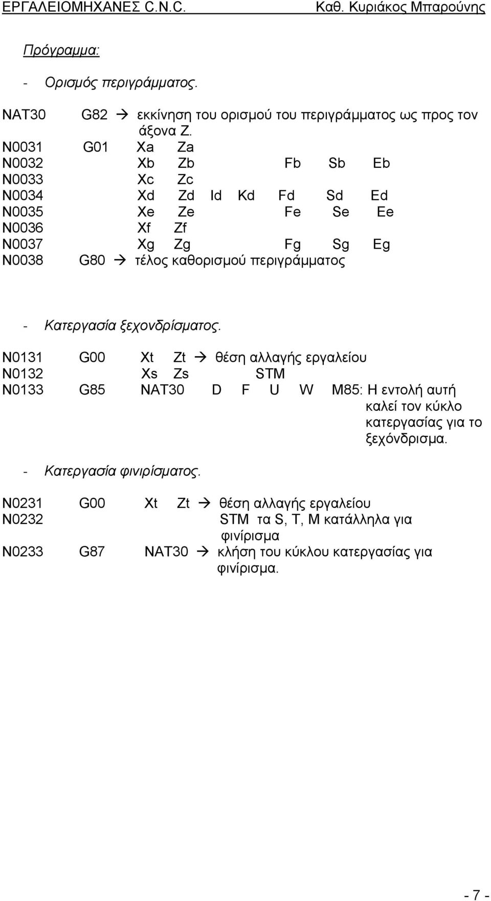 τέλος καθορισµού περιγράµµατος N0131 G00 Xt Zt θέση αλλαγής εργαλείου N0132 Xs Zs STM N0133 G85 NAT30 D F U W M85: Η εντολή αυτή καλεί τον