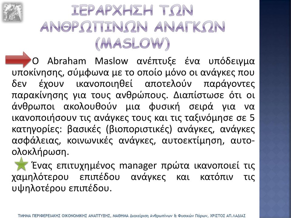 Διαπίστωσε ότι οι άνθρωποι ακολουθούν μια φυσική σειρά για να ικανοποιήσουν τις ανάγκες τους και τις ταξινόμησε σε 5 κατηγορίες: βασικές (βιοποριστικές)