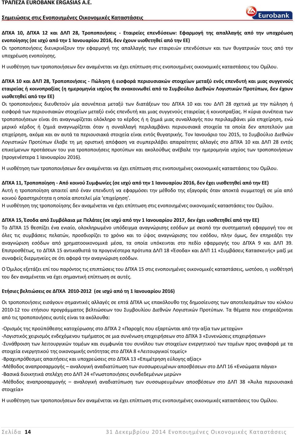 Η υιοθέτηση των τροποποιήσεων δεν αναμένεται να έχει επίπτωση στις ενοποιημένες οικονομικές καταστάσεις του Ομίλου.