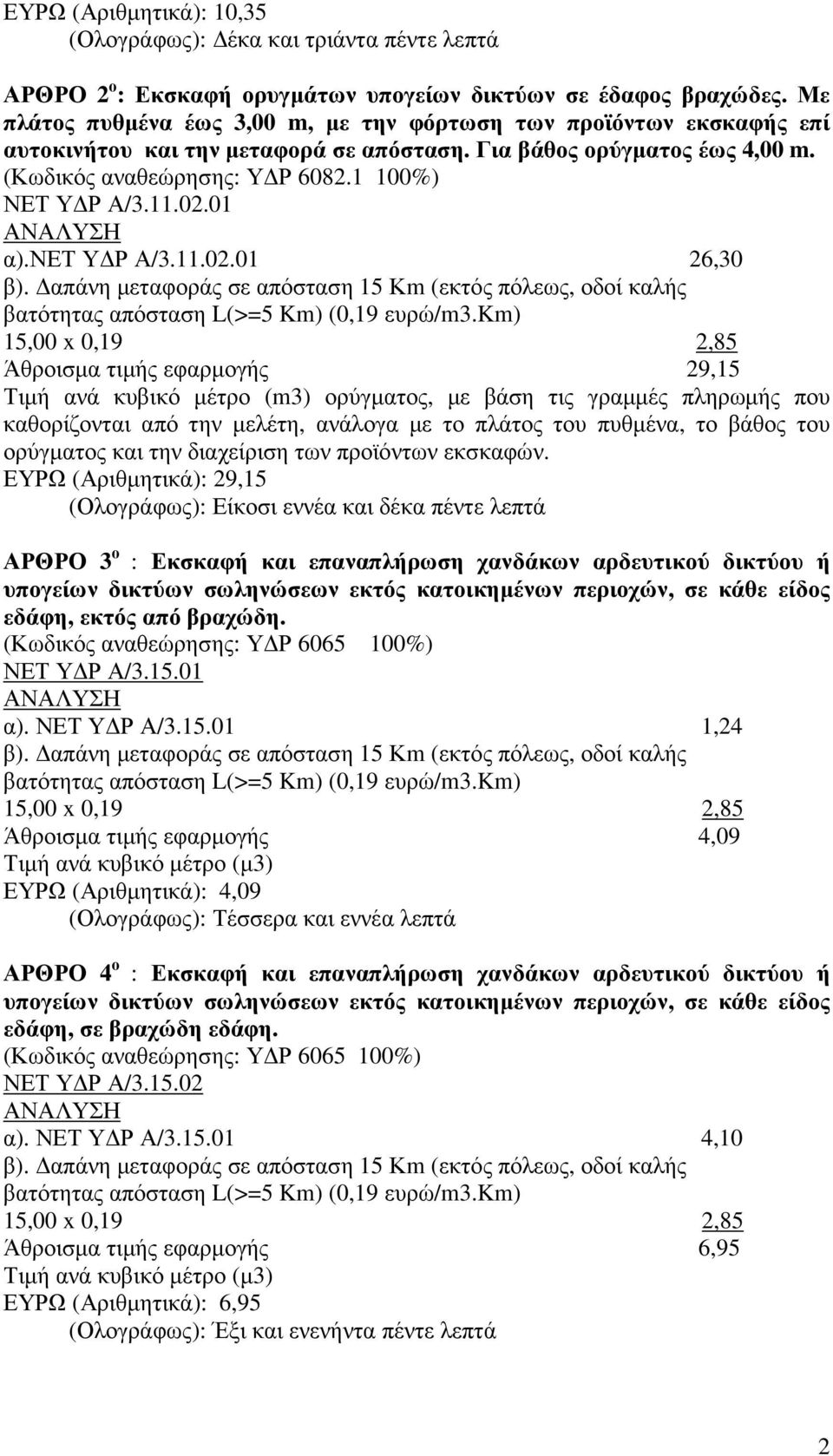 02.01 α).νετ Υ Ρ Α/3.11.02.01 26,30 Άθροισµα τιµής εφαρµογής 29,15 Τιµή ανά κυβικό µέτρο (m3) ορύγµατος, µε βάση τις γραµµές πληρωµής που καθορίζονται από την µελέτη, ανάλογα µε το πλάτος του