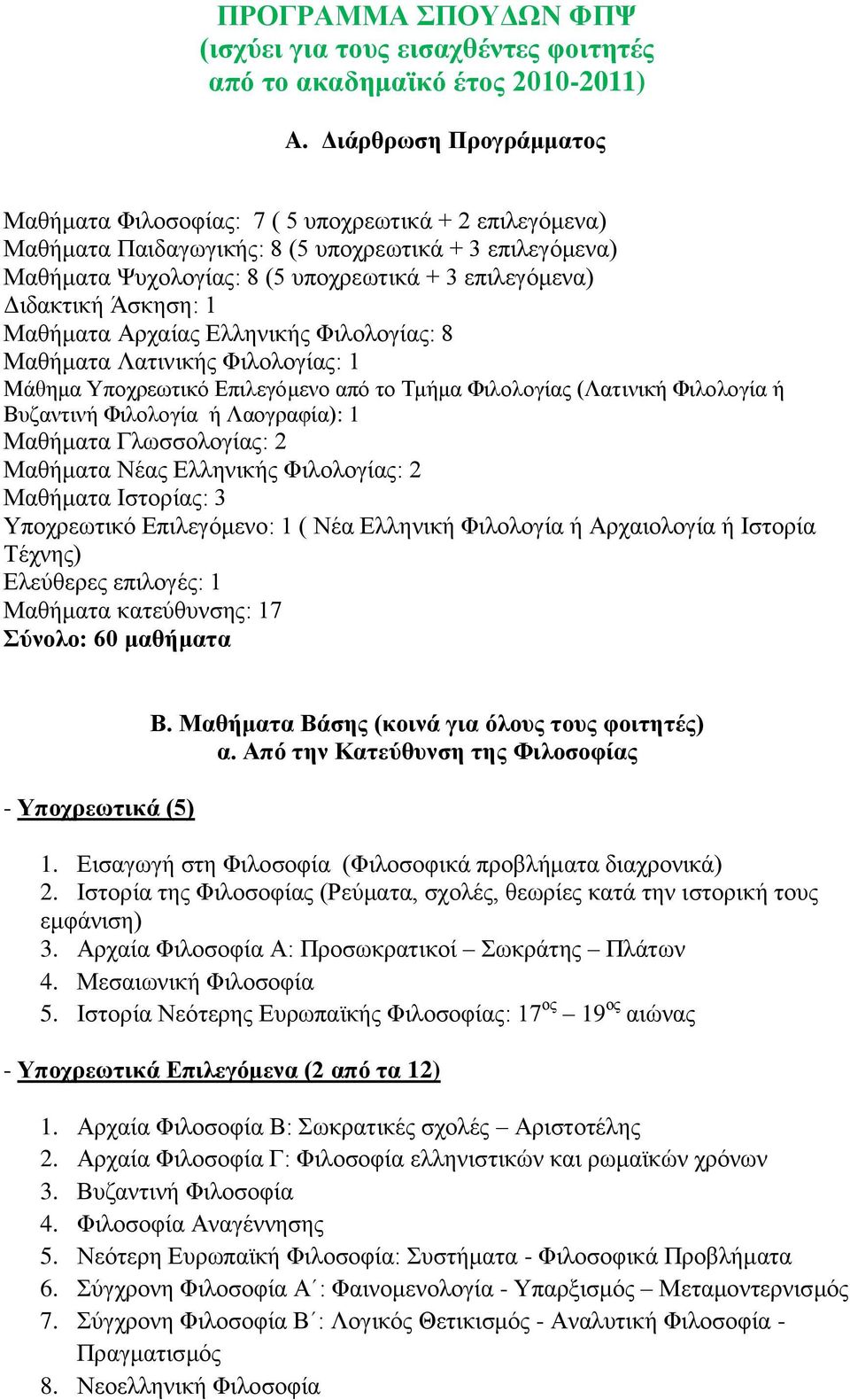 Μαθματα Αρχαίας Ελληνικς Φιλολογίας: 8 Μαθματα Λατινικς Φιλολογίας: 1 Μάθημα Υποχρεωτικό Επιλεγόμενο από το Τμμα Φιλολογίας (Λατινικ Φιλολογία Βυζαντιν Φιλολογία Λαογραφία): 1 Μαθματα Γλωσσολογίας: 2