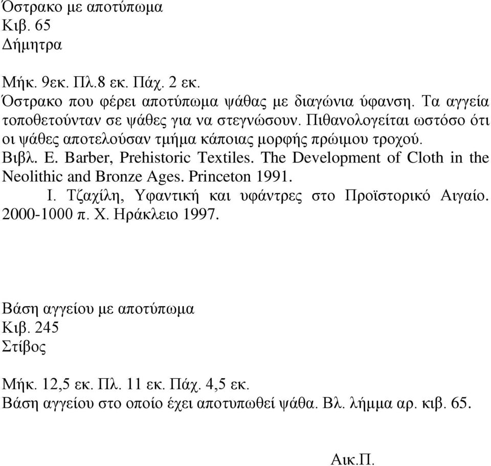 Barber, Prehistoric Textiles. The Development of Cloth in the Neolithic and Bronze Ages. Princeton 1991. Ι.