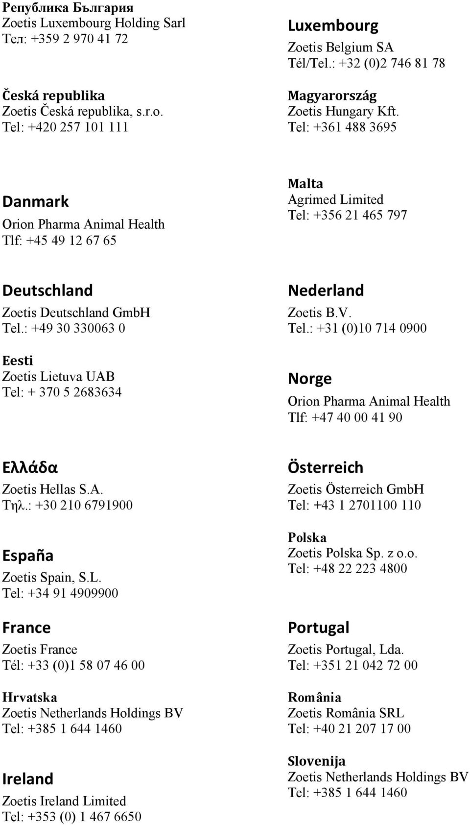 Tel: +361 488 3695 Danmark Orion Pharma Animal Health Tlf: +45 49 12 67 65 Malta Agrimed Limited Tel: +356 21 465 797 Deutschland Zoetis Deutschland GmbH Tel.