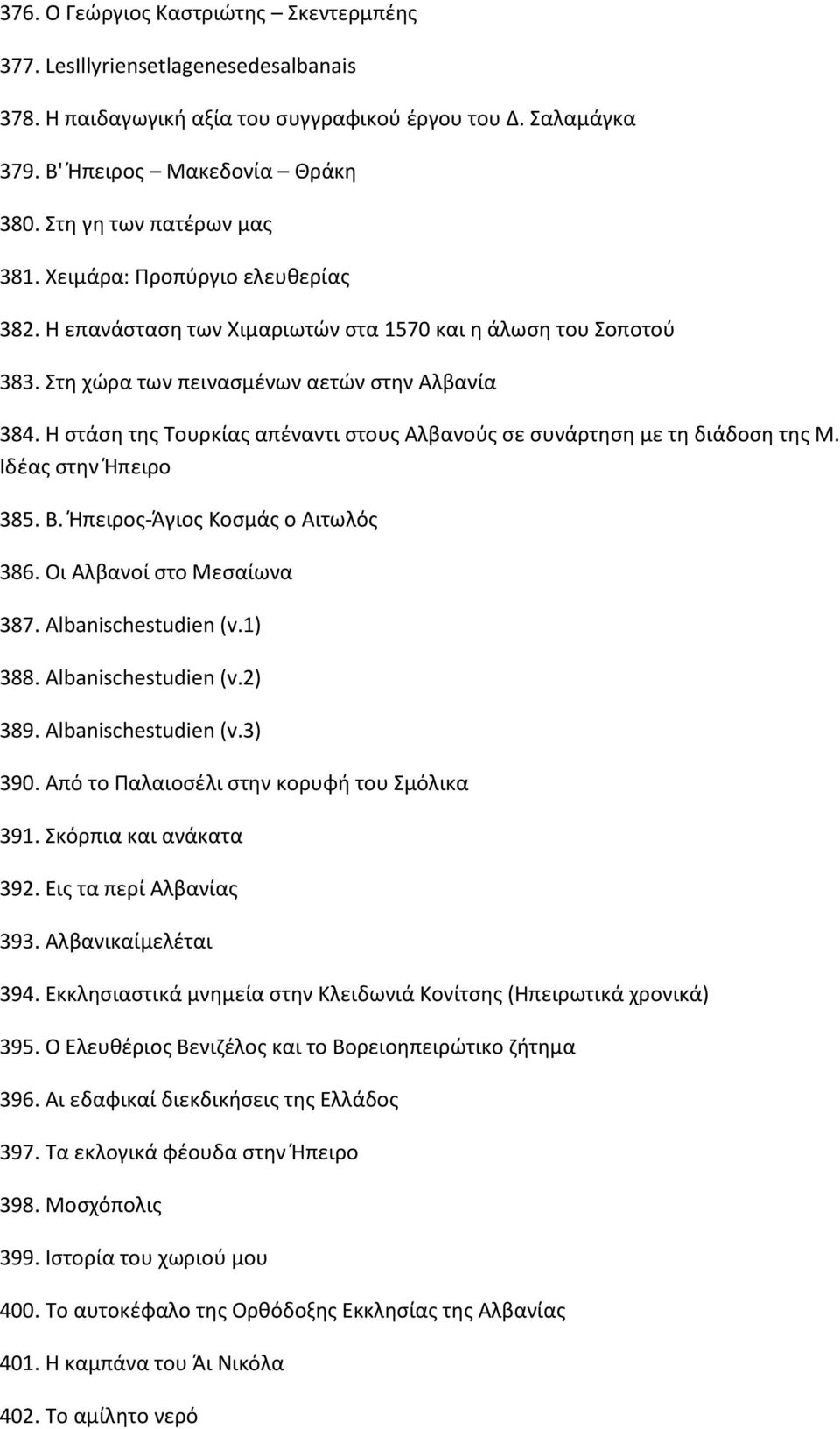 Η στάση της Τουρκίας απέναντι στους Αλβανούς σε συνάρτηση με τη διάδοση της Μ. Ιδέας στην Ήπειρο 385. Β. Ήπειρος-Άγιος Κοσμάς ο Αιτωλός 386. Οι Αλβανοί στο Μεσαίωνα 387. Albanischestudien (v.1) 388.
