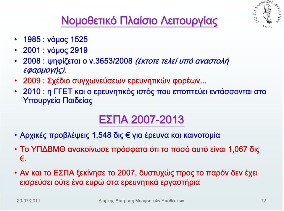 .. 2010 : η ΓΓΕΤ και ο ερευνητικός ιστός που εποπτεύει εντάσσονται στο Υπουργείο Παιδείας ΕΣΠΑ 2007-2013 2013 Αρχικές προβλέψεις 1,548 δις για