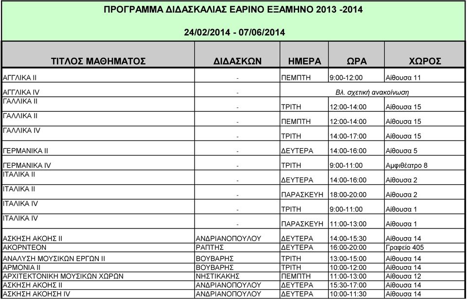 ΓΕΡΜΑΝΙΚΑ IV - ΤΡΙΤΗ 9:00-11:00 Αμφιθέατρο 8 ΙΤΑΛΙΚΑ ΙΙ - ΔΕΥΤΕΡΑ 14:00-16:00 Αίθουσα 2 ΙΤΑΛΙΚΑ ΙΙ - ΠΑΡΑΣΚΕΥΗ 18:00-20:00 Αίθουσα 2 ΙΤΑΛΙΚΑ IV - ΤΡΙΤΗ 9:00-11:00 Αίθουσα 1 ΙΤΑΛΙΚΑ IV - ΠΑΡΑΣΚΕΥΗ