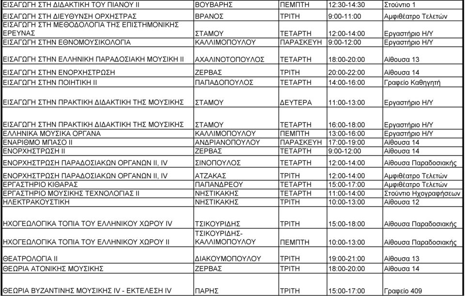 ΤΕΤΑΡΤΗ 18:00-20:00 Αίθουσα 13 ΕΙΣΑΓΩΓΗ ΣΤΗΝ ΕΝΟΡΧΗΣΤΡΩΣΗ ΖΕΡΒΑΣ ΤΡΙΤΗ 20:00-22:00 Αίθουσα 14 ΕΙΣΑΓΩΓΗ ΣΤΗΝ ΠΟΙΗΤΙΚΗ ΙΙ ΠΑΠΑΔΟΠΟΥΛΟΣ ΤΕΤΑΡΤΗ 14:00-16:00 Γραφείο Καθηγητή ΕΙΣΑΓΩΓΗ ΣΤΗΝ ΠΡΑΚΤΙΚΗ