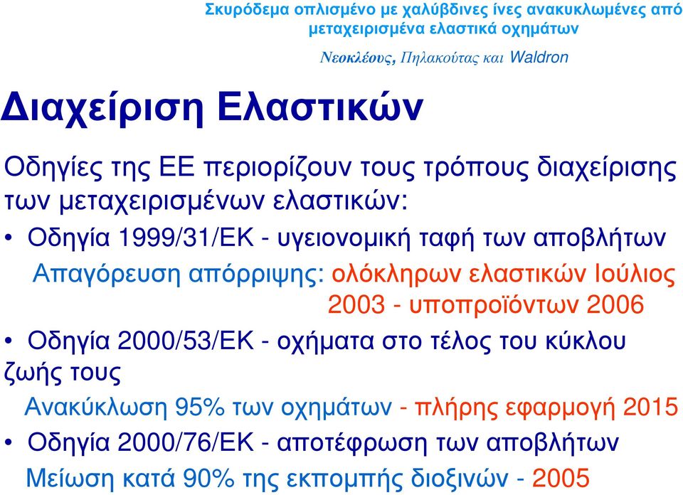 - υποπροϊόντων 2006 Οδηγία 2000/53/ΕΚ - οχήματα στο τέλος του κύκλου ζωής τους Ανακύκλωση 95% των οχημάτων