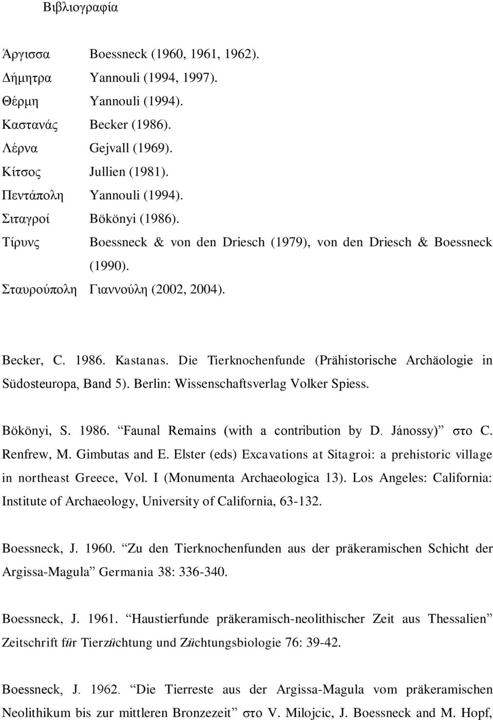 Die Tierknochenfunde (Prähistorische Archäologie in Südosteuropa, Band 5). Berlin: Wissenschaftsverlag Volker Spiess. Bökönyi, S. 1986. Faunal Remains (with a contribution by D. Jánossy) στο C.